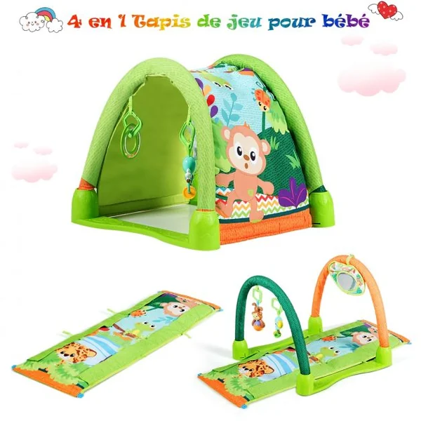 Tapis D'Éveil Multifonction Tapis de Jeu pour Enfants de 6 à 12 Mois Centre d'Activité avec 3 Jouets 112x52x45cm Vert