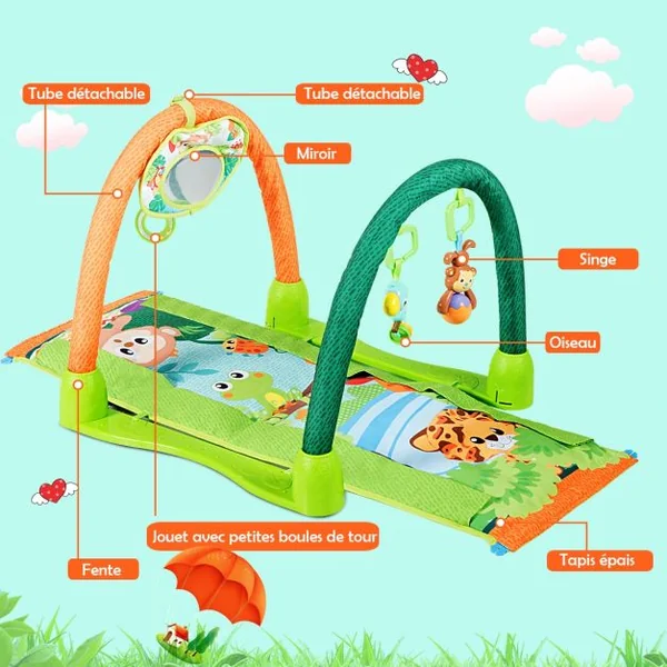 Tapis D'Éveil Multifonction Tapis de Jeu pour Enfants de 6 à 12 Mois Centre d'Activité avec 3 Jouets 112x52x45cm Vert
