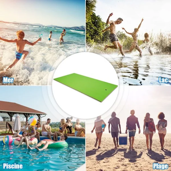 Tapis Flottant de Piscine 355 x 183 CM Matelas Flottant d’Eau 4-6 Personnes 3 Couches Mousse XPE Résistant Charge 400 KG Bleu/Vert/Orange