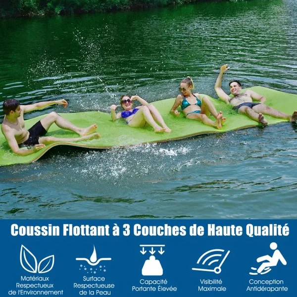 Tapis Flottant de Piscine 355 x 183 CM Matelas Flottant d’Eau 4-6 Personnes 3 Couches Mousse XPE Résistant Charge 400 KG Bleu/Vert/Orange