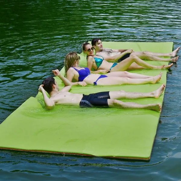 Tapis Flottant de Piscine 355 x 183 CM Matelas Flottant d’Eau 4-6 Personnes 3 Couches Mousse XPE Résistant Charge 400 KG Vert