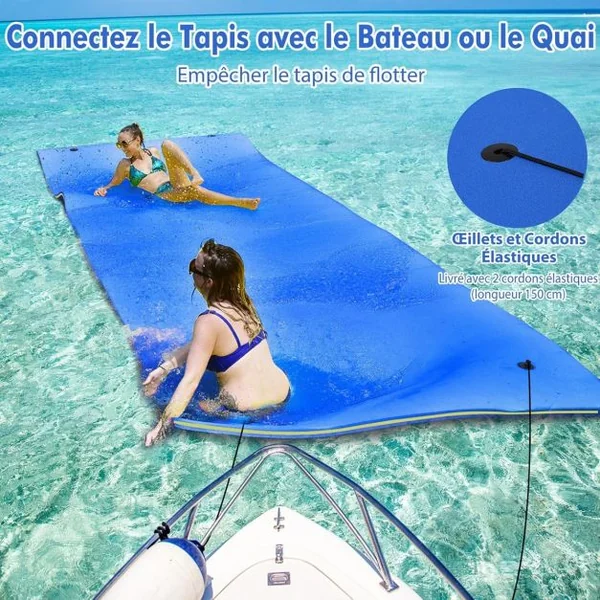 Tapis Flottant d’Eau en Mousse XPE Résistant aux Déchirures Matelas Flottant avec Oreiller Roulant & Cordon Élastique Coussin Flottant Bleu