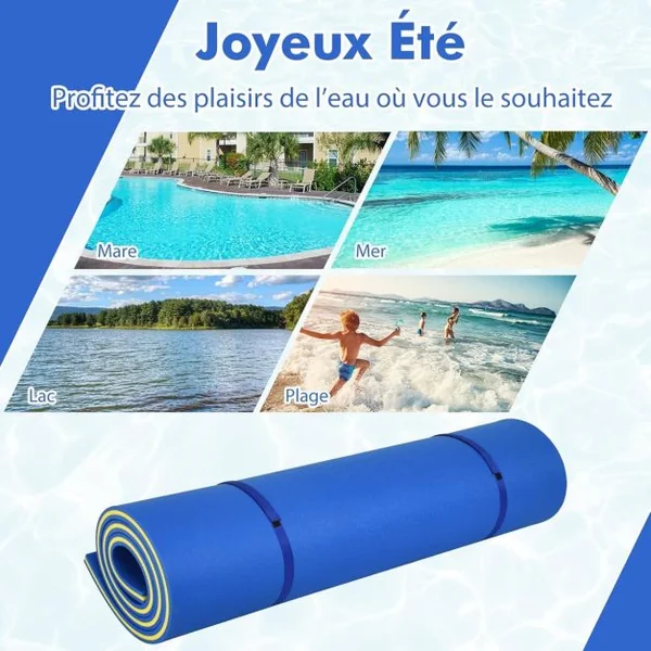 Tapis Flottant d’Eau en Mousse XPE Résistant aux Déchirures Matelas Flottant avec Oreiller Roulant & Cordon Élastique Coussin Flottant Bleu