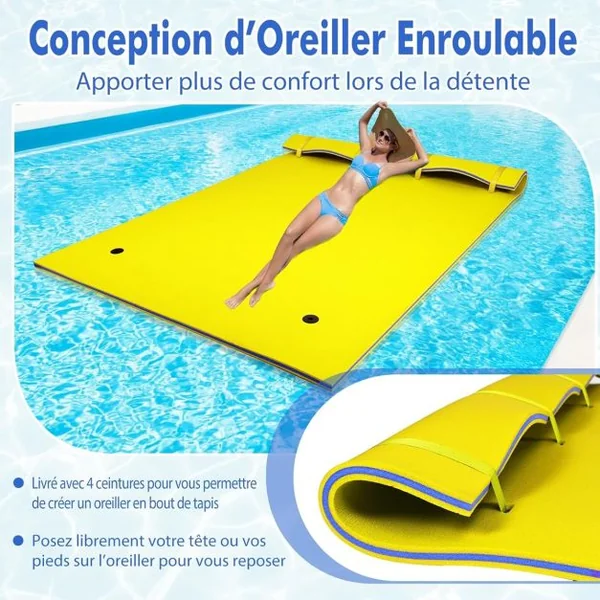 Tapis Flottant d’Eau en Mousse XPE Résistant aux Déchirures Matelas Flottant avec Oreiller Roulant & Cordon Élastique Coussin Flottant Jaune