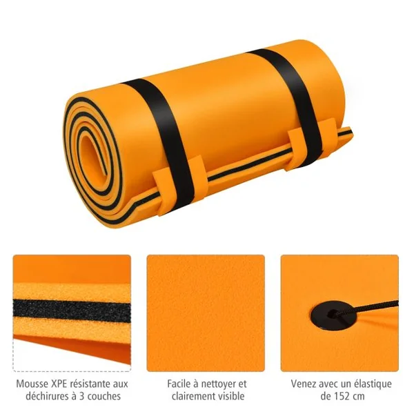Tapis Flottant en Mousse XPE 3 Couches Sangles Attache Elastique de 150 cm Capacité 60 kg 210x66x3,5cm Jaune + Bleu/Orange + Noir