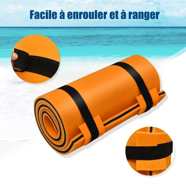Tapis Flottant en Mousse XPE 3 Couches Sangles Attache Elastique de 150 cm Capacité 60 kg 210x66x3,5cm Jaune + Bleu/Orange + Noir