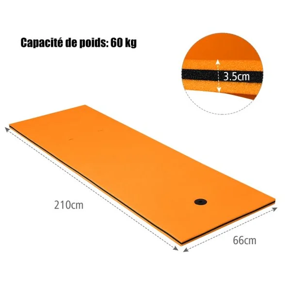 Tapis Flottant en Mousse XPE 3 Couches Sangles Attache Elastique de 150 cm Capacité 60 kg 210x66x3,5cm Jaune + Bleu/Orange + Noir
