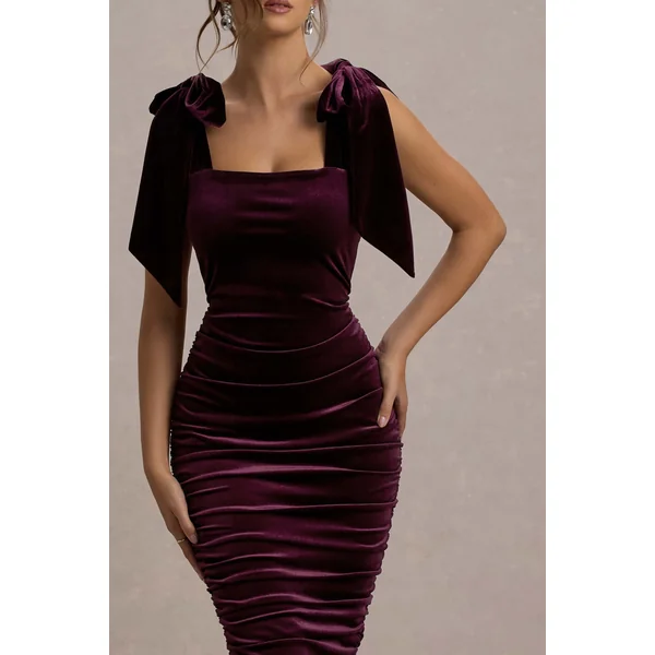 Tarna | Robe mi-longue en velours violet avec noeud sur les bretelles