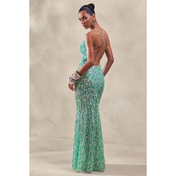 Taryn | Robe longue turquoise à sequins avec encolure drapée et jupe transparente