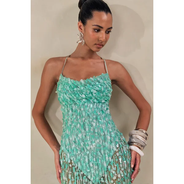 Taryn | Robe longue turquoise à sequins avec encolure drapée et jupe transparente