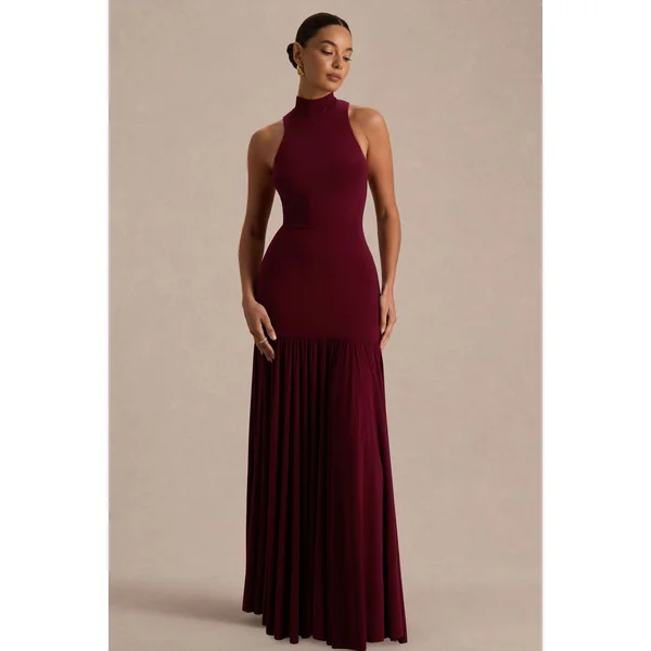 Tasmin | Robe longue bordeaux à col montant et taille basse