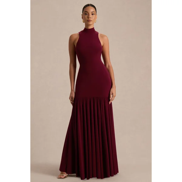 Tasmin | Robe longue bordeaux à col montant et taille basse