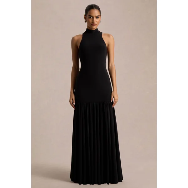 Tasmin | Robe longue noire à col haut et taille tombante