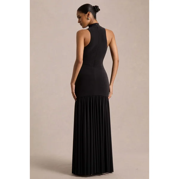 Tasmin | Robe longue noire à col haut et taille tombante