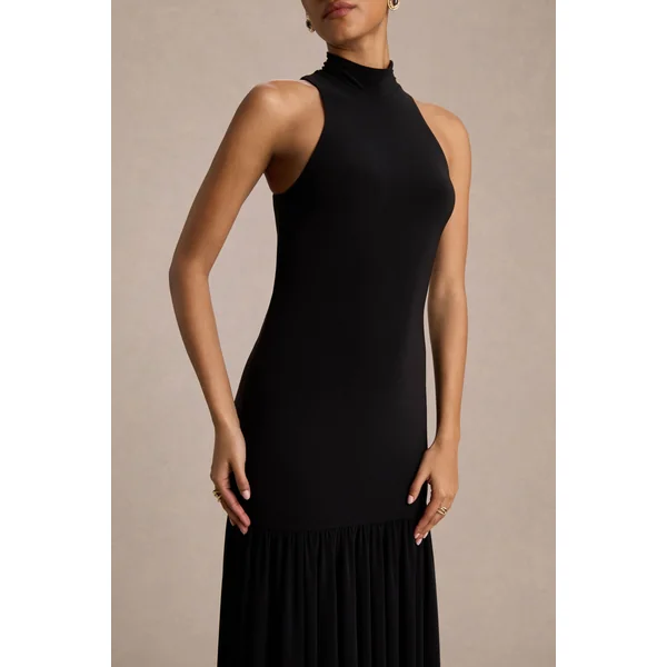 Tasmin | Robe longue noire à col haut et taille tombante