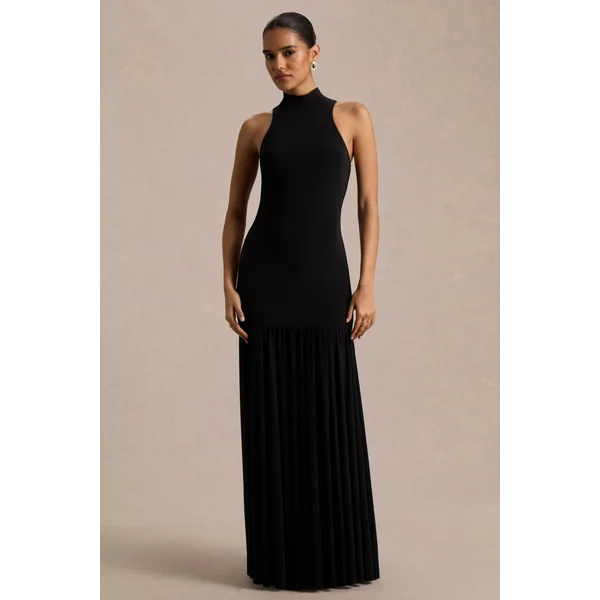 Tasmin | Robe longue noire à col haut et taille tombante