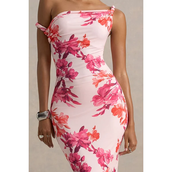 Tatian | Robe mi-longue asymétrique torsadée à imprimé floral rose et orange