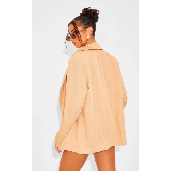 Taupe Blazer Dad Oversize À Fines Rayures Tissées