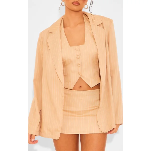 Taupe Blazer Dad Oversize À Fines Rayures Tissées