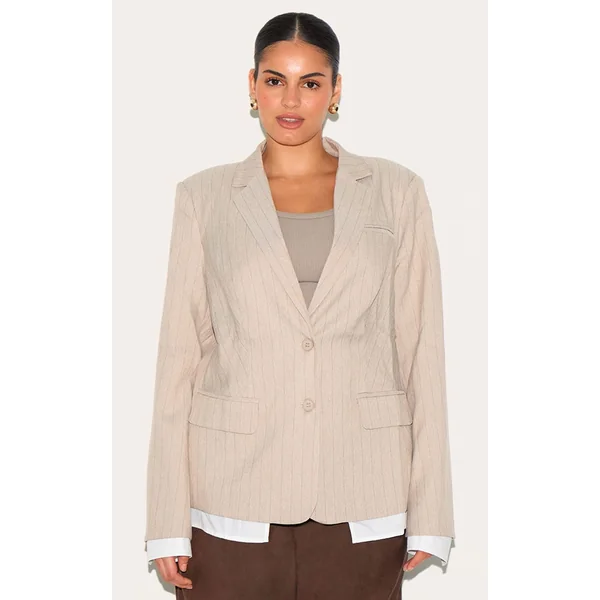 Taupe Blazer Grande Taille À Rayures Tennis Avec Détail Chemise