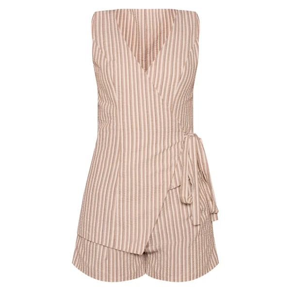 Taupe Combinaison-short À Rayures Fines Tissée Avec Détail Cache-cœur