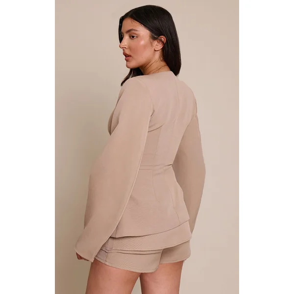 Taupe Ensemble Blazer Cintré À Taille Froncée Et Manches Cocon Avec Boutonnage