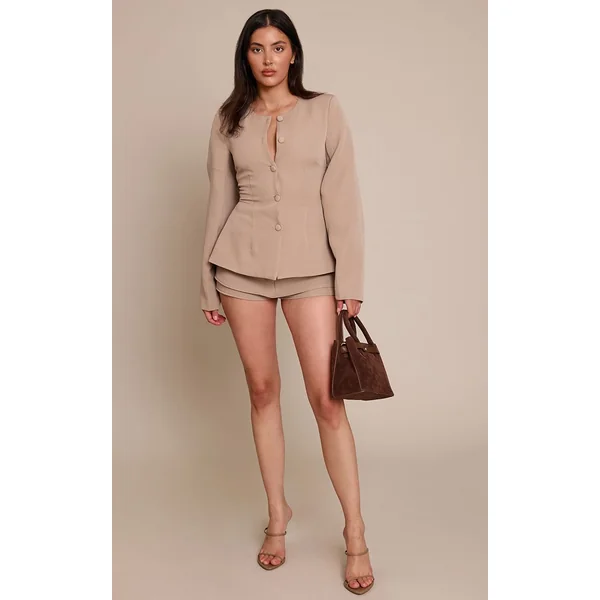 Taupe Ensemble Blazer Cintré À Taille Froncée Et Manches Cocon Avec Boutonnage