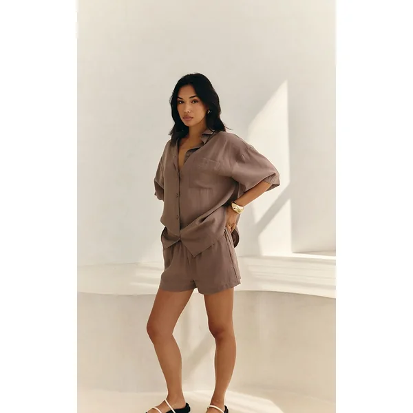 Taupe Foncé Ensemble Coordonné Chemise Boutonnée