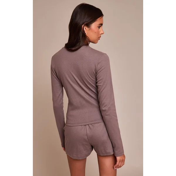Taupe Foncé Ensemble Short Coordonné Détail Boutons Toucher Doux
