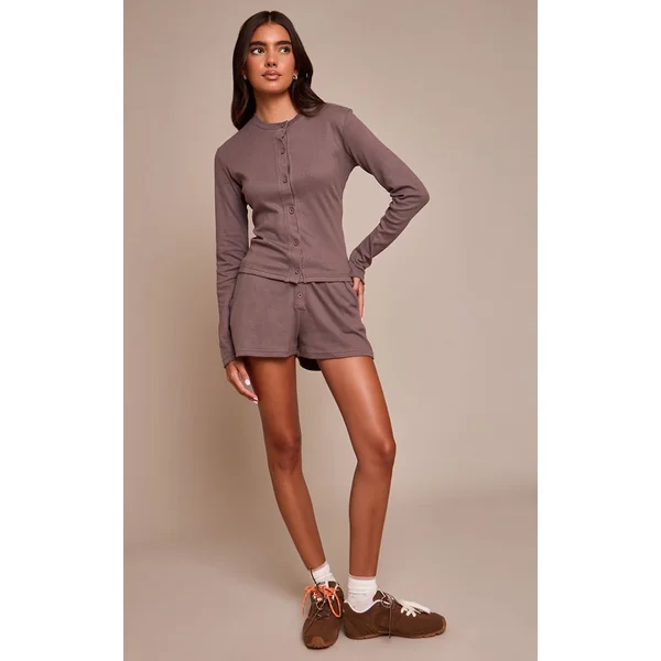 Taupe Foncé Ensemble Short Coordonné Détail Boutons Toucher Doux