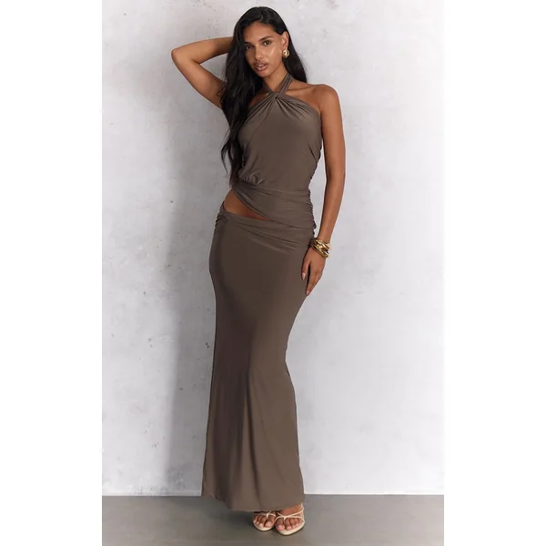 Taupe Foncé Haut Dos-nu À Torsade Double En Jersey Slinky
