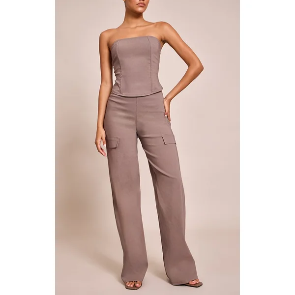 Taupe Foncé Pantalon Droit En Tissu Stretch Tissé