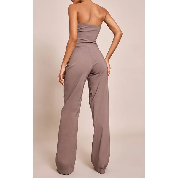 Taupe Foncé Pantalon Droit En Tissu Stretch Tissé