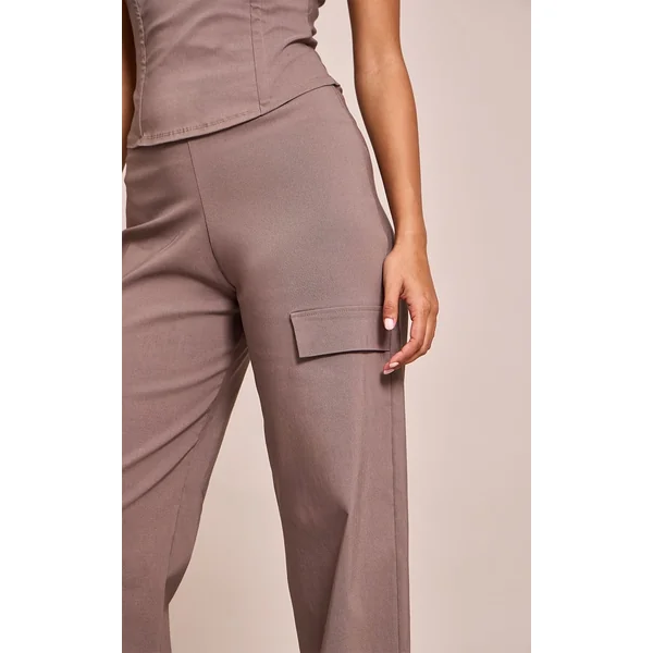 Taupe Foncé Pantalon Droit En Tissu Stretch Tissé