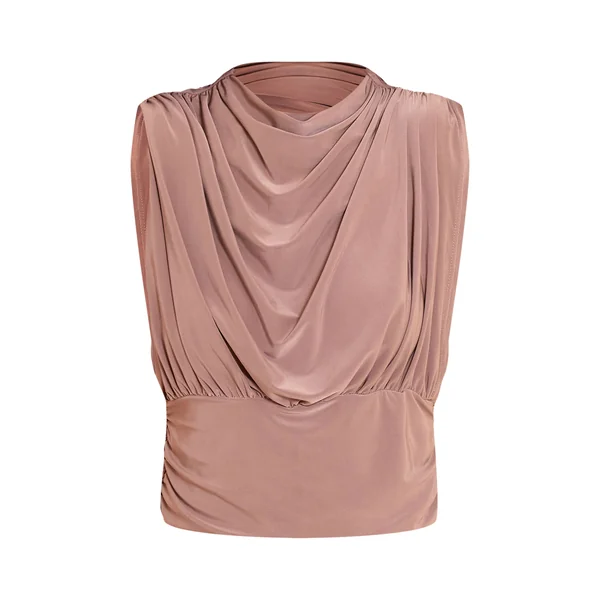 Taupe Haut Court Col Montant En Tissu Slinky Taupe Foncé