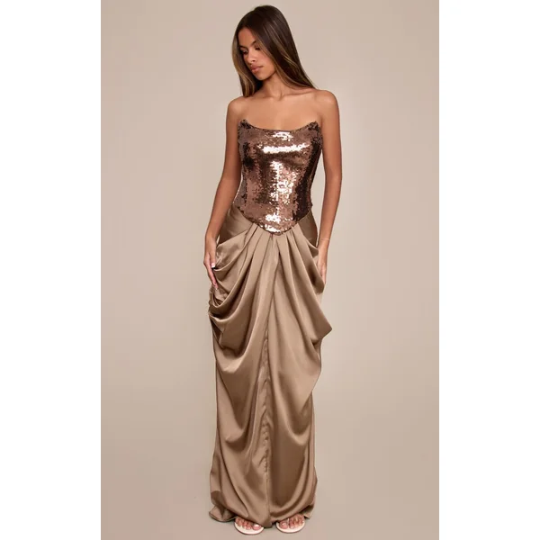 Taupe Jupe Longue Drapée Taille Basse En Satin Petite