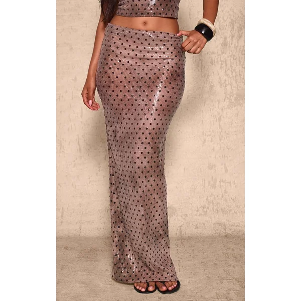 Taupe Jupe Longue Transparente À Pois Sequins Coordonnée