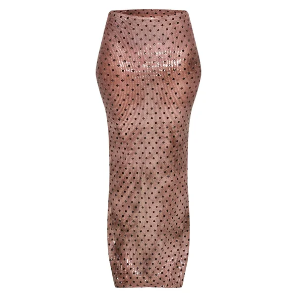 Taupe Jupe Longue Transparente À Pois Sequins Coordonnée