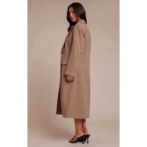 Taupe Manteau Maxi Effet Laine Crème À Simple Boutonnage Avec Détails De Coutures Petite Taille