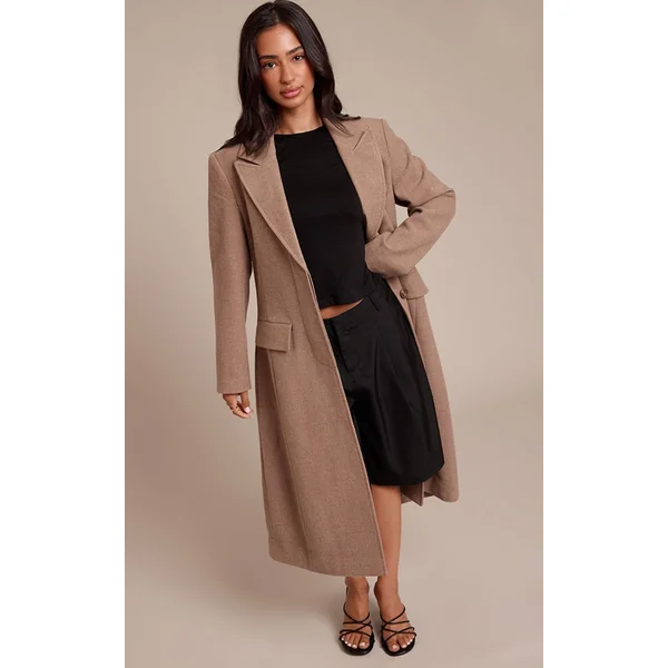 Taupe Manteau Maxi Effet Laine Crème À Simple Boutonnage Avec Détails De Coutures Petite Taille