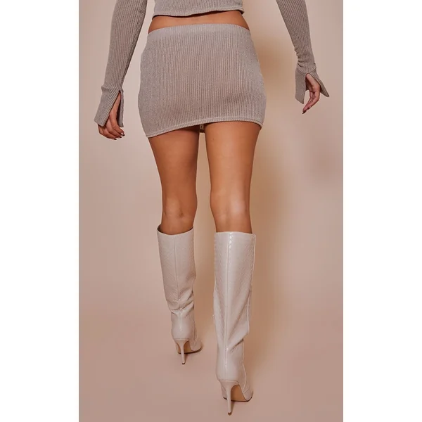 Taupe Mini-jupe Micro Taille Basse Côtelée Transparente Et Douce Coordonnée