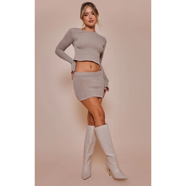 Taupe Mini-jupe Micro Taille Basse Côtelée Transparente Et Douce Coordonnée