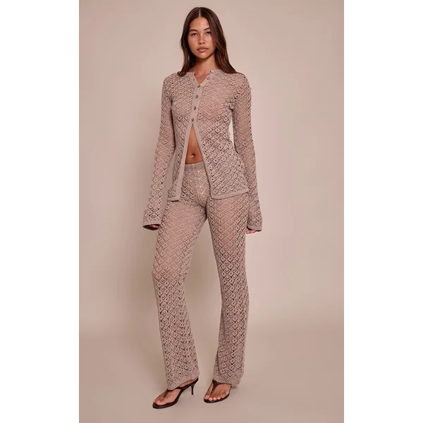 Taupe Pantalon En Crochet Tricoté