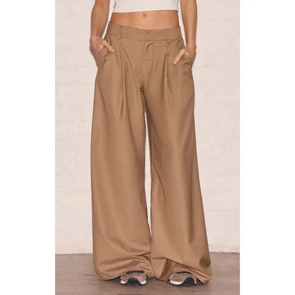 Taupe Pantalon Large Tissé À Double Pli
