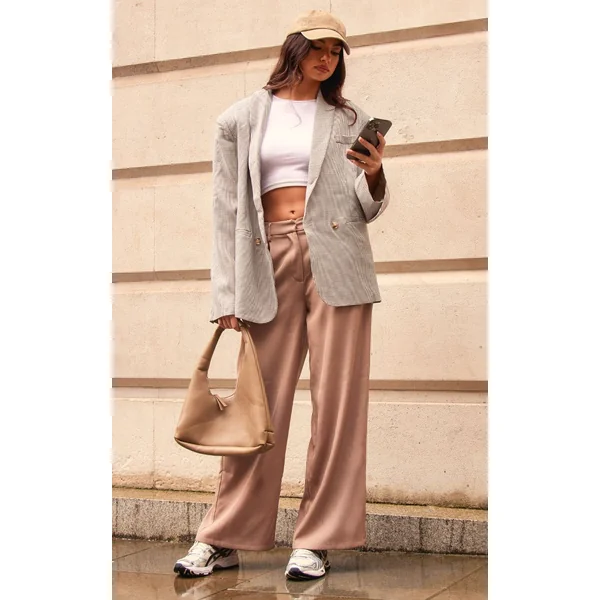 Taupe Pantalon Tailleur Droit Haut De Gamme À Pinces