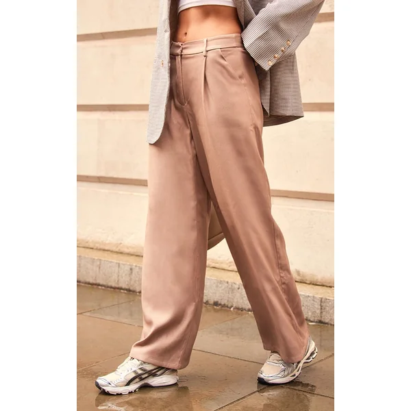 Taupe Pantalon Tailleur Droit Haut De Gamme À Pinces