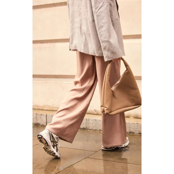 Taupe Pantalon Tailleur Droit Haut De Gamme À Pinces