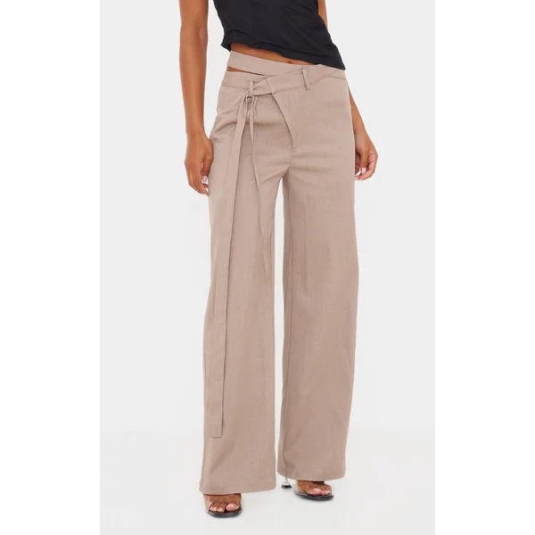 Taupe Pantalon Tailleur Premium Avec Détail De Ceinture Croisée