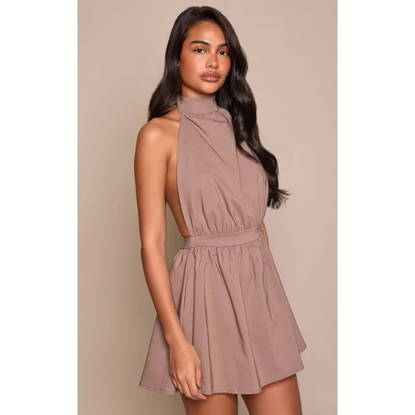 Taupe Robe Droite Dos Nu À Encolure Américaine En Tissu Extensible Tissé