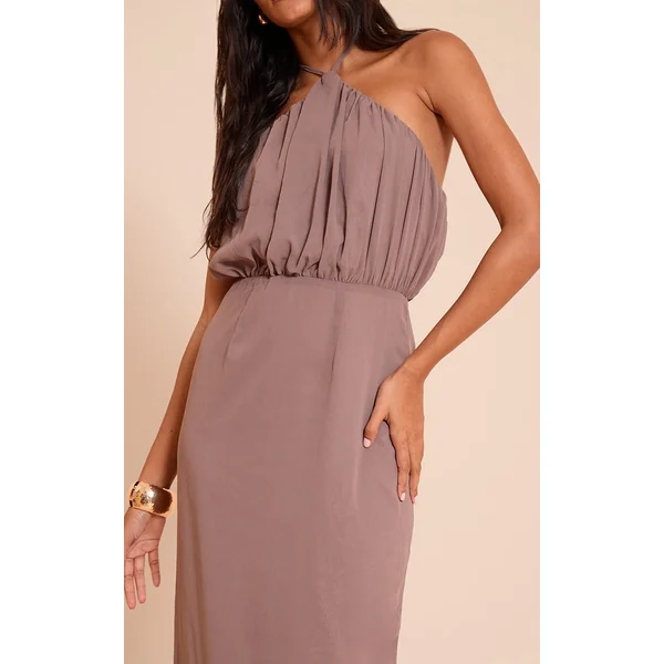 Taupe Robe Longue En Mousseline À Col Licou